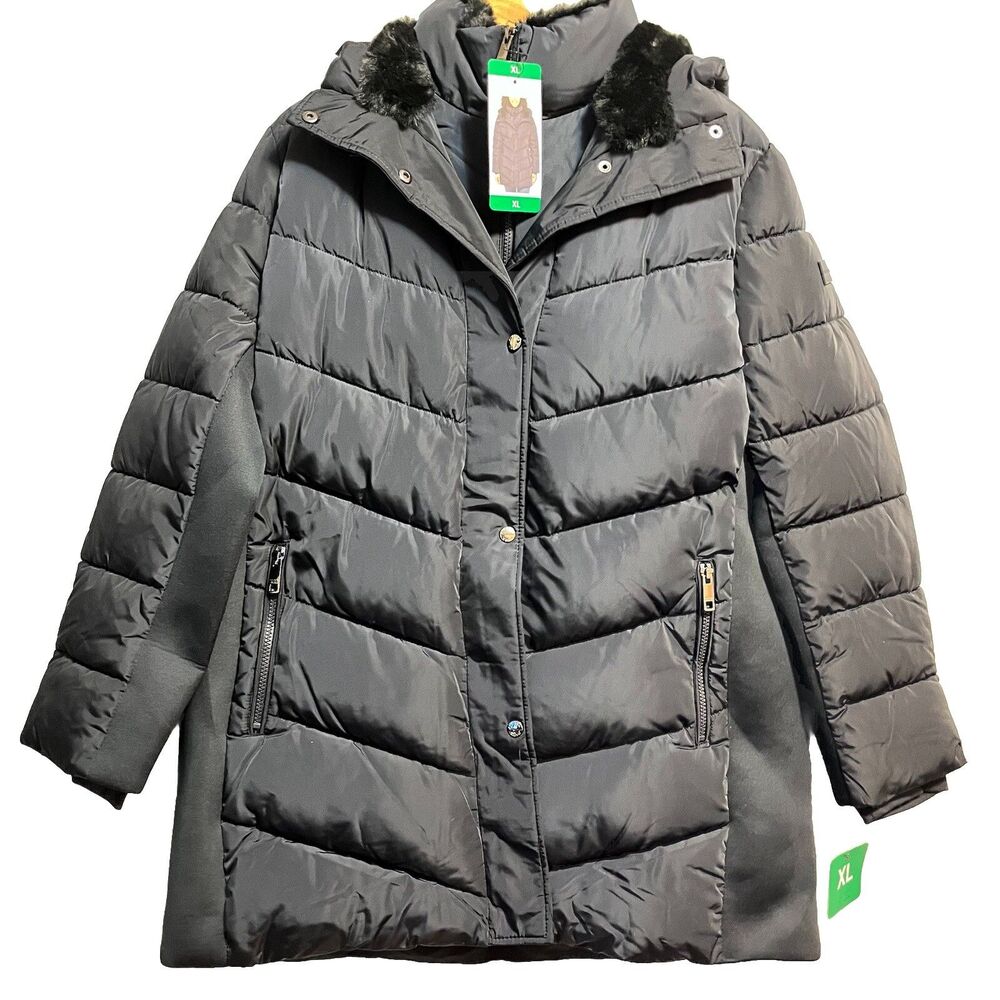 Andrew Marc Women's Faux Fur Hooded Walker Jacket Black Size X-Large NWT